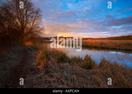 Ein Blick auf den Fluss Chet an einem Winterabend in Norfolk Stockfoto