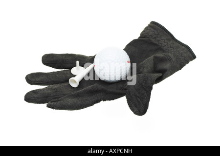 Golf Ball Tee und Marker auf einem Stück gebrauchte und getragene Schwarze Handschuh Stockfoto