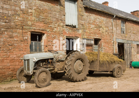 Alte graue Fergie mit Anhänger auf Cumbria Stockfoto