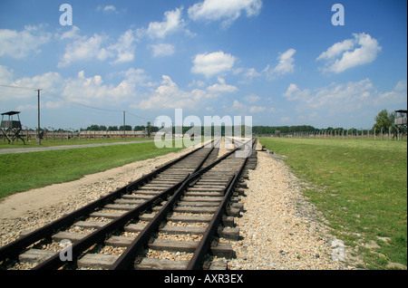 Die Bahngleise in die ehemaligen Konzentrationslager in Auschwitz-Birkenau, Oswiecim, Polen. Stockfoto