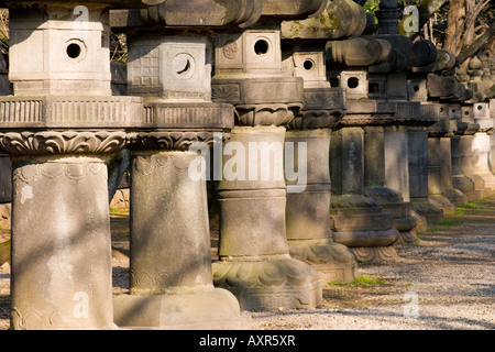 Reihe von riesigen Steinlaternen säumen den Pfad zu der Geschichtliches in Ueno Park Tokio Japan Stockfoto