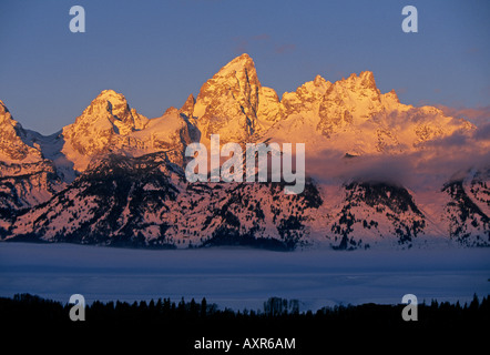 Ein Blick auf die hohen schneebedeckten Gipfeln auf den Grand Teton im Grand Teton National Park in der Nähe von Jackson Hole Stockfoto