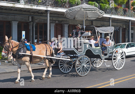 Besucher Siteseeing in Pferd gezogen Schlitten auf Decatur Street im French Quarter von New Orleans Louisana USA Stockfoto