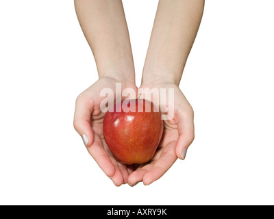 Frau mit einem roten Apfel isoliert auf weißem Hintergrund. Konzept für Eve. Stockfoto