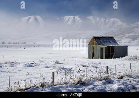 Alten Schuppen und Ida Palette in Hoar Frost Idaburn Maniototo Südinsel Neuseeland Stockfoto