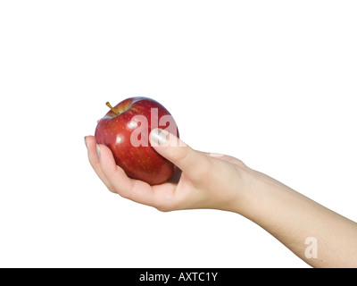 Frau mit einem roten Apfel isoliert auf weißem Hintergrund. Konzept für Eve. Stockfoto