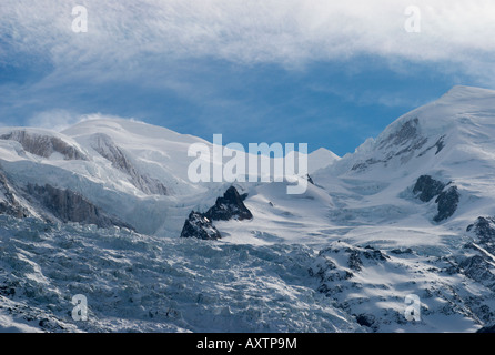 Wintertag auf der Nordseite des Mont Blanc (4808m), dem höchsten Berg in Westeuropa. Chamonix-Mont-Blanc, Frankreich Stockfoto