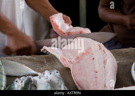 Fischhändler schneiden Fisch - Markt in Victoria, Seychellen Stockfoto