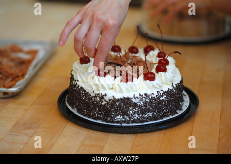 Konditor dekorieren Schwarzwälder Kirschtorte Stockfoto