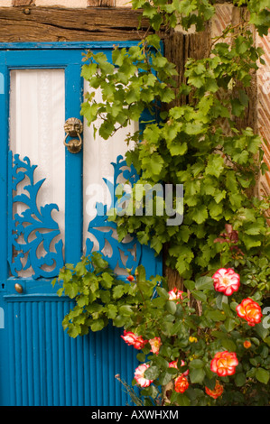 Ein helles blau bemalte Holztür mit Rosen wachsen vor, Normandie, Frankreich Stockfoto