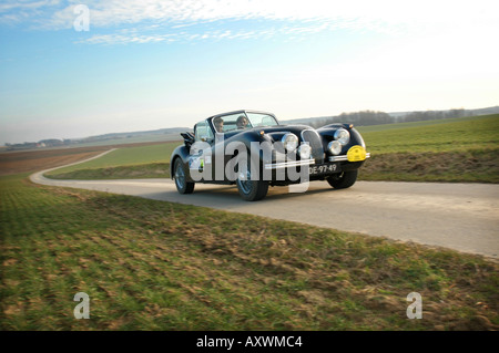 schwarzer Jaguar XK140 mit Geschwindigkeit auf asphaltierten Landstraße International Horneland Rally Niederlande Stockfoto