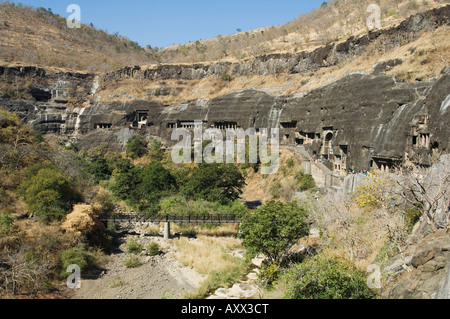 Ajanta Höhlenkomplex, geschnitzten buddhistischen Tempeln in Fels aus dem 5. Jahrhundert v. Chr., Ajanta, Maharashtra, Indien Stockfoto