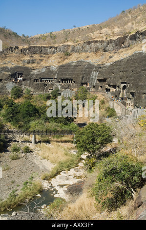 Ajanta Höhlenkomplex, geschnitzten buddhistischen Tempeln in Fels aus dem 5. Jahrhundert v. Chr., Ajanta, Maharashtra, Indien Stockfoto