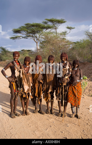 Eine Gruppe von Hamer Frauen mit Goscha, Hamer Stamm, unteren Omo-Tal, südlichen Bereich, Äthiopien, Afrika Stockfoto