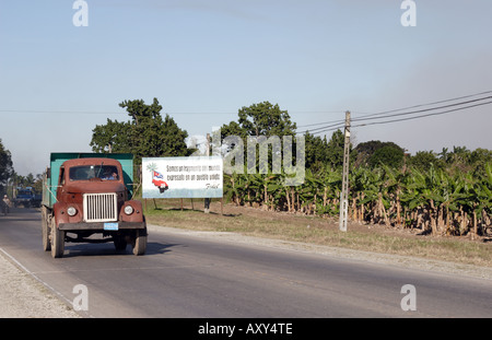 Alte amerikanische LKW fährt Vergangenheit eine Bananenplantage und revolutionär in Kuba unterzeichnen Stockfoto