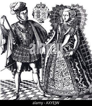 MARY QUEEN OF SCOTS mit ihrem Ehemann Henry Stuart Lord Darnley als Gravur von Renold Elstracke 1603 - siehe unten Decription Stockfoto