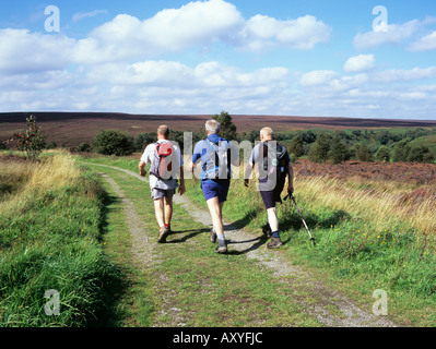 FEN Moor NORTH YORKSHIRE UK September drei männliche Wanderer zu Fuß in Richtung Naturschutzgebiet Stockfoto