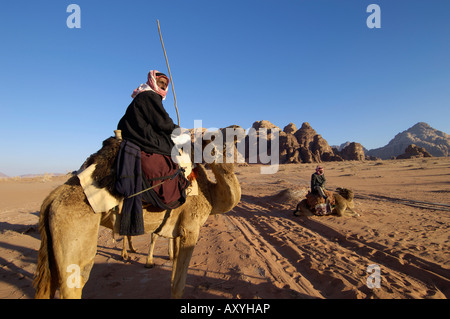 Beduinen auf Kamelen in die Wüste, Wadi Rum, Jordanien, Naher Osten Stockfoto