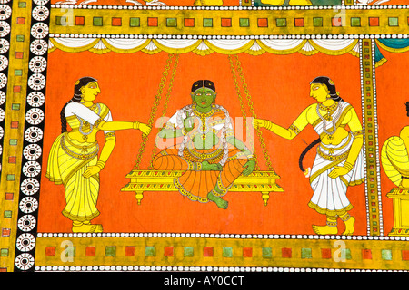 Farbenfrohe Gemälde an einer Wand, Meenakshi Tempel, Madurai, Tamil Nadu, Indien Stockfoto