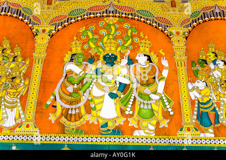 Farbenfrohe Gemälde an einer Wand, Meenakshi Tempel, Madurai, Tamil Nadu, Indien Stockfoto