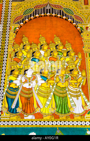 Farbenfrohe Gemälde an einer Wand, Meenakshi Tempel, Madurai, Tamil Nadu, Indien Stockfoto