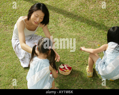 Erhöhte Ansicht einer Mutter und ihren beiden Töchtern auf dem Rasen Stockfoto