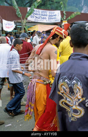 Mann Haut durchbohrt mit Haken auf dem jährlichen hinduistische Festival Thaipusam in den Batu-Höhlen in der Nähe von Kuala Lumpur Stockfoto