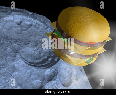 Konzeptionelle Darstellung einen Cheeseburger, umkreist den Mond im Weltall Stockfoto