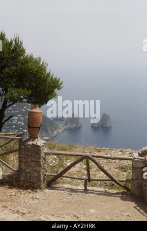 Ein Blick durch die Bäume von den Klippen und die Faraglioni Felsen in der Bucht von Neapel auf Capri genommen von einer erhöhten position Stockfoto