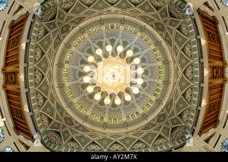 Fisheye-Objektiv-Blick auf den Kronleuchter und Dach im Inneren Gebetsbereich der Sultan-Qabus-Moschee in Maskat, Oman. Stockfoto