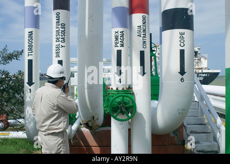 Ein System von Kanälen raffinierten Kohlenwasserstoffe zu Tankern trägt und erhält auch eingehende Rohöl an Pemex Pajaritos Komplex Stockfoto