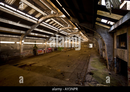 Das Lager einer Brownfield-Website-Fabrik in Vichy. Entrepôt d ' une Usine Désaffectée À Vichy. Stockfoto