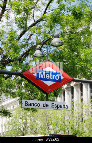 Banco de España u-Bahn Sign. Madrid. Spanien. Stockfoto