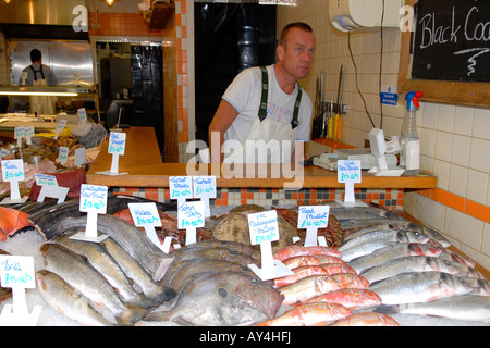 Nassen Frischfisch Stall zu verkaufen Red Snapper Brill, Lachs Seehecht, Petersfisch, Steinbutt, Bass, Meeräsche, Heilbutt, Muscheln, Schwertfisch Stockfoto