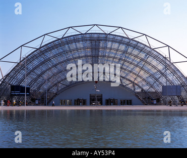 D-Leipzig, Parthe, Pleiße, Weisse Elster, Luppe, Leipziger Tieflandsbucht, Sachsen, neue Leipziger Messe, Baujahr 1995 und 1996, Glas Halle West, Haupteingang auf der Leipziger Messe, Kurve Konstruktion aus Stahl und Glas Stockfoto