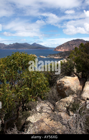 Ein Blick auf den Eingang des Weinglas Bucht befindet sich im Freycinet National Park Tasmanien Australien. Stockfoto