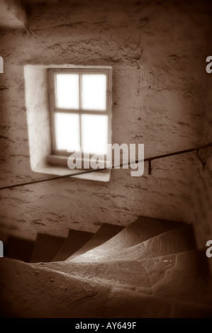 ALTE VINTAGE STEIN GETRAGEN SCHRITTE IN VERLASSENEN TEXTILE MILL YORKSHIRE ENGLAND Stockfoto