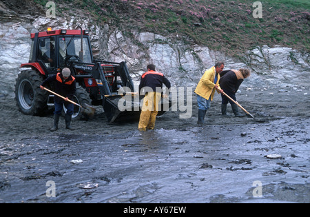 Arbeiter aufräumen Öl vom Strand nach Tankerunglück Bigbury am Meer Devon UK Stockfoto