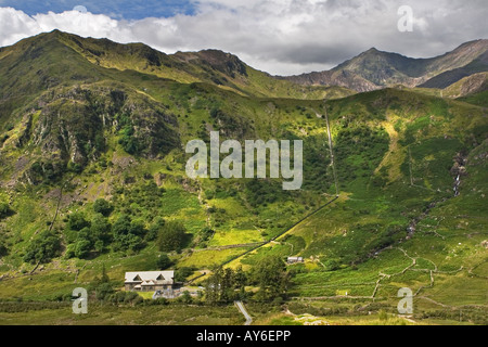 CWN Dyli elektrische Wasserkraftwerk mit Rohr Wasserversorgung zur Turbinenhalle von Llyn Llydaw. Snowdon befindet sich rechts, N Wales Stockfoto