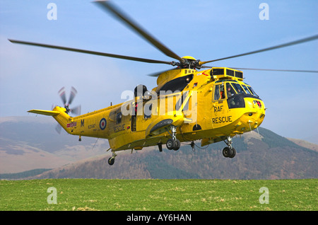 Royal Air Force-Suche und Rettung Sea King Hubschrauber abheben von Hope Park, Keswick, Lake District, Cumbria. Stockfoto