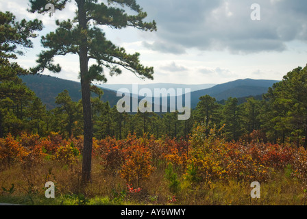 Eine Herbst-Ansicht in der Nähe von Sonnenuntergang von Talimena Scenic Drive im südöstlichen Oklahoma. USA Stockfoto