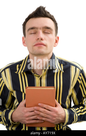 Mann, hält ein Buch mit Leidenschaft Stockfoto