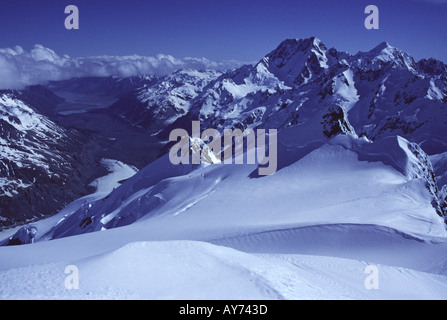 Reittiere Cook 3753 und Tasman 3498 m vom Gipfel der Minarette Mount Cook Nationalpark New Zealand Stockfoto