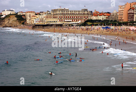 Panorama Ansicht der Grande Plage Biarritz Aquitanien Golfe de Gascogne Bucht von Biscaya Atlantik Südwesten Frankreich Europa Stockfoto