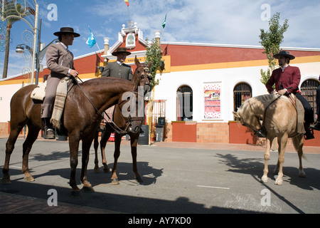 Drei schöne Pferde und Reiter im Fuengirola Feria – Spanien - Pferd, Reiter, Fahrer, Costa Del Sol Stockfoto