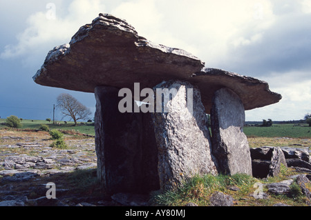 Poulnabrone Dolmen (Umfrage Na mBrón im irischen Sinn "Loch des Kummers") ist ein altes Portal Grab in den Burren, County Clare, Zorn Stockfoto