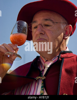 Mann, die Verkostung Traubensaft Vintage Festival Olite Navarra-Spanien Stockfoto