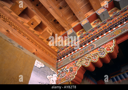 Bhutan Thimpu Dzong Detail geschnitzten hölzernen Konstruktion Stockfoto