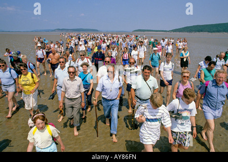 Cedric Robinson, Queens Leitfaden für die Kent Sands, Morecambe Bay, führt eine Tour zu Fuß von Hunderten von Menschen in der Sands Stockfoto