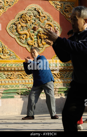 Ältere Chinesen praktizieren Tai Chi vor einer traditionellen Wand im Beihai-Park in Peking, China. Stockfoto